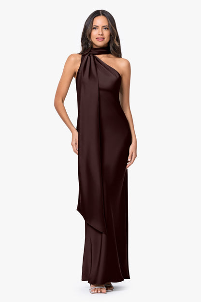 Betsy & Adam "Fallon" Satin Asymmetrical Necktie Sash Dress - Brown