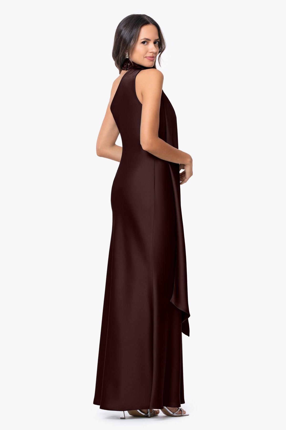 Betsy & Adam "Fallon" Satin Asymmetrical Necktie Sash Dress - Brown