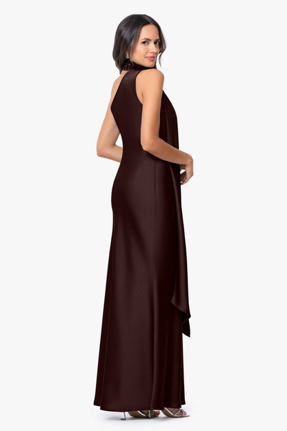 Betsy & Adam "Fallon" Satin Asymmetrical Necktie Sash Dress - Brown