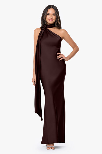 Betsy & Adam "Fallon" Satin Asymmetrical Necktie Sash Dress - Brown