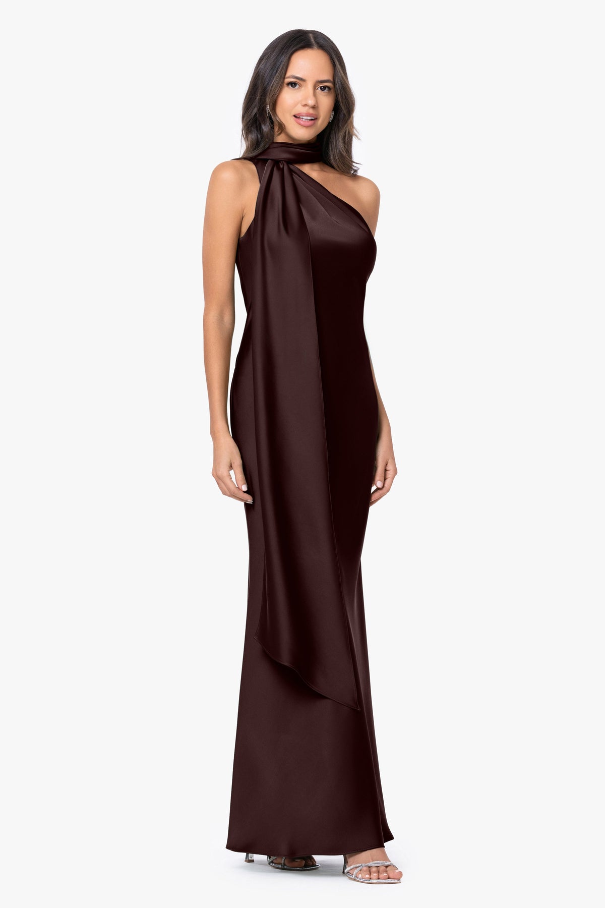Betsy & Adam "Fallon" Satin Asymmetrical Necktie Sash Dress - Brown