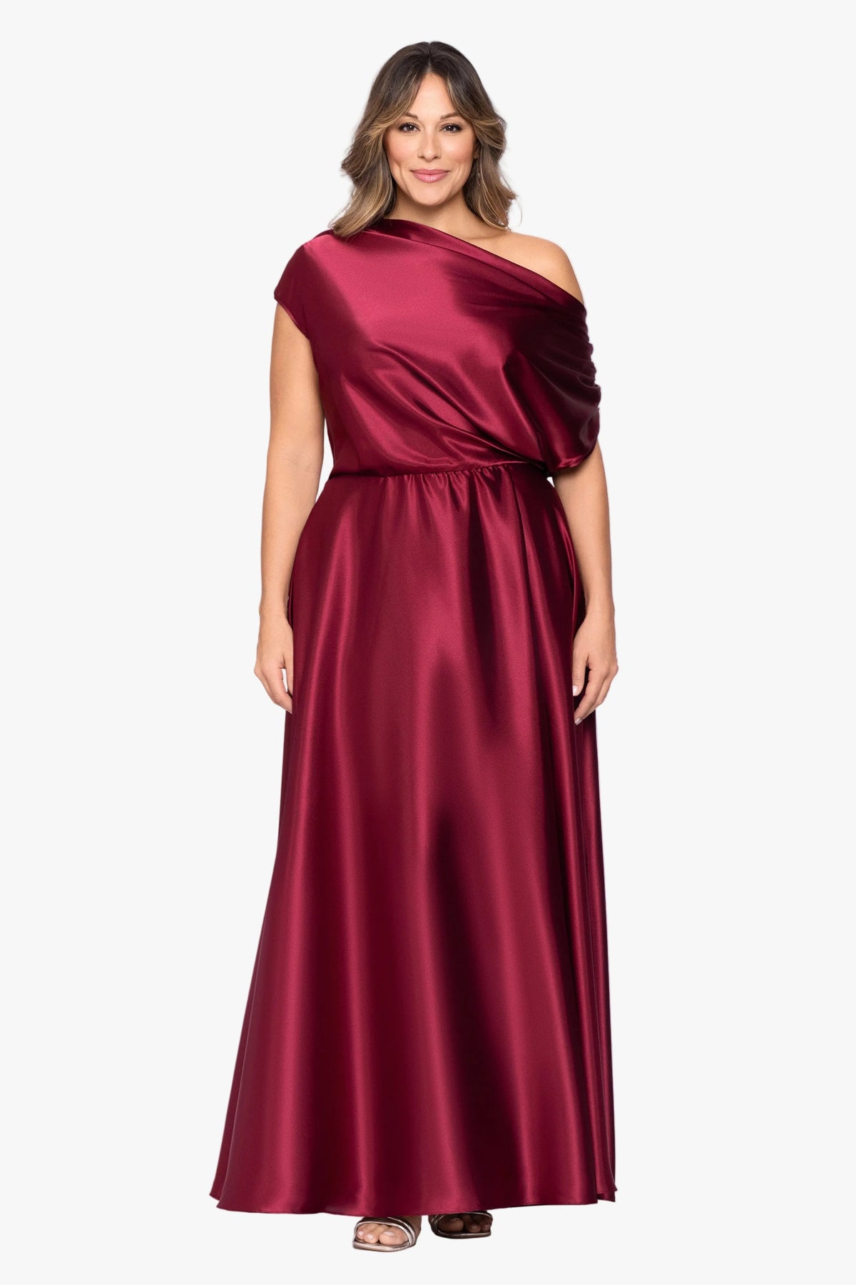 Betsy & Adam Plus "Soley" Charmeuse Off Shoulder Ruched Gown - Burgundy
