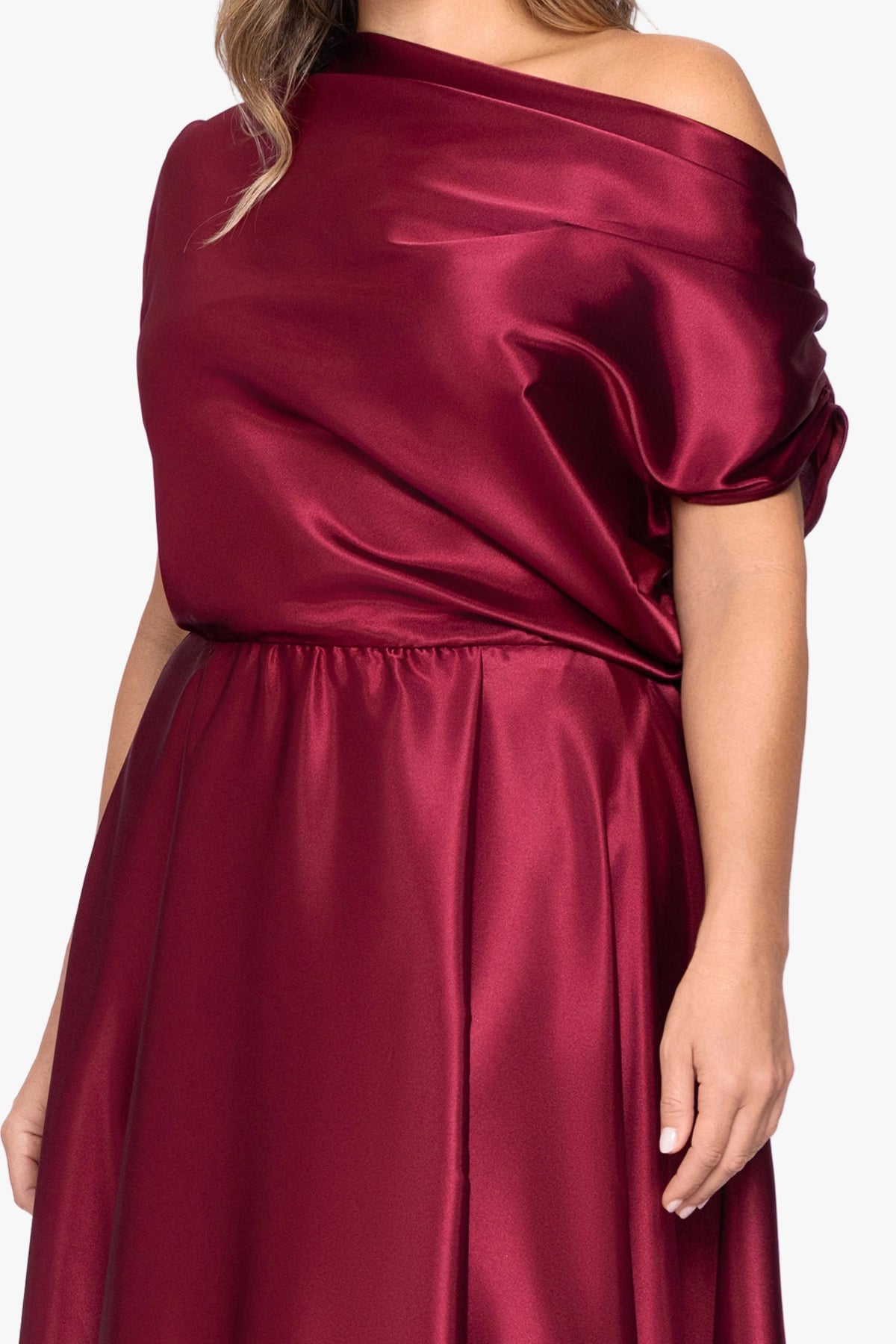 Betsy & Adam Plus "Soley" Charmeuse Off Shoulder Ruched Gown - Burgundy