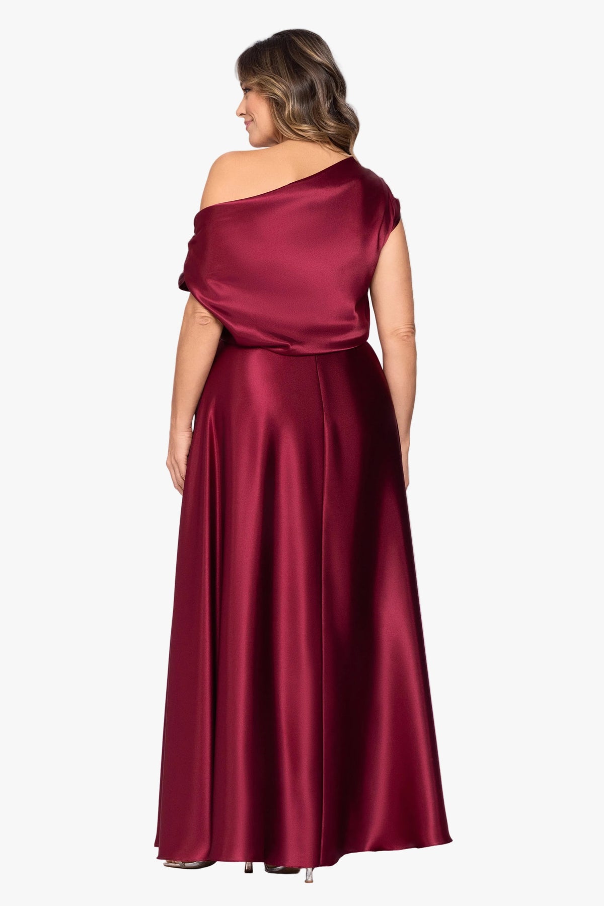 Betsy & Adam Plus "Soley" Charmeuse Off Shoulder Ruched Gown - Burgundy
