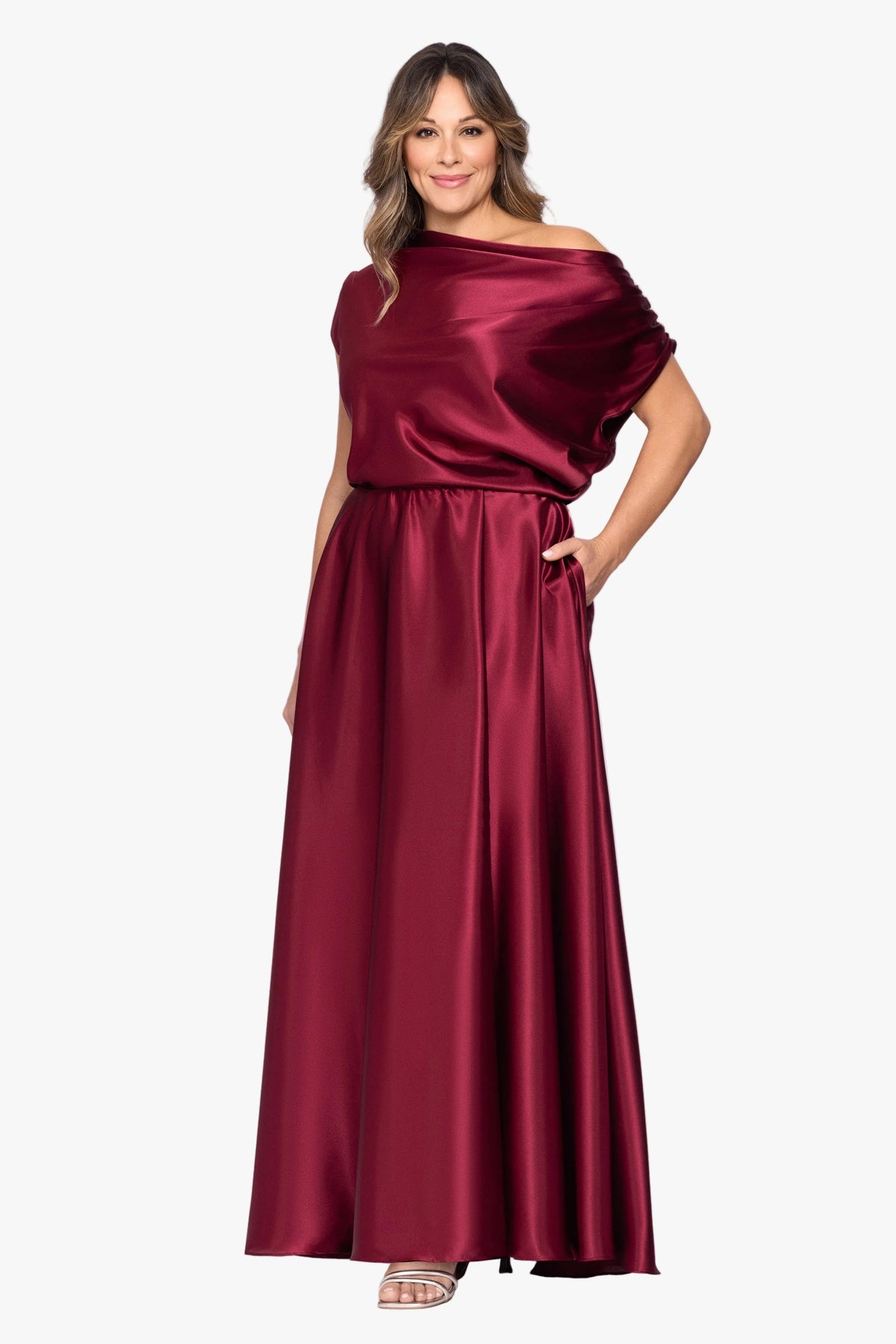Betsy & Adam Plus "Soley" Charmeuse Off Shoulder Ruched Gown - Burgundy