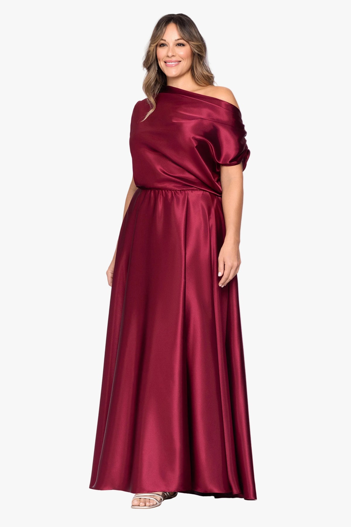 Betsy & Adam Plus "Soley" Charmeuse Off Shoulder Ruched Gown - Burgundy