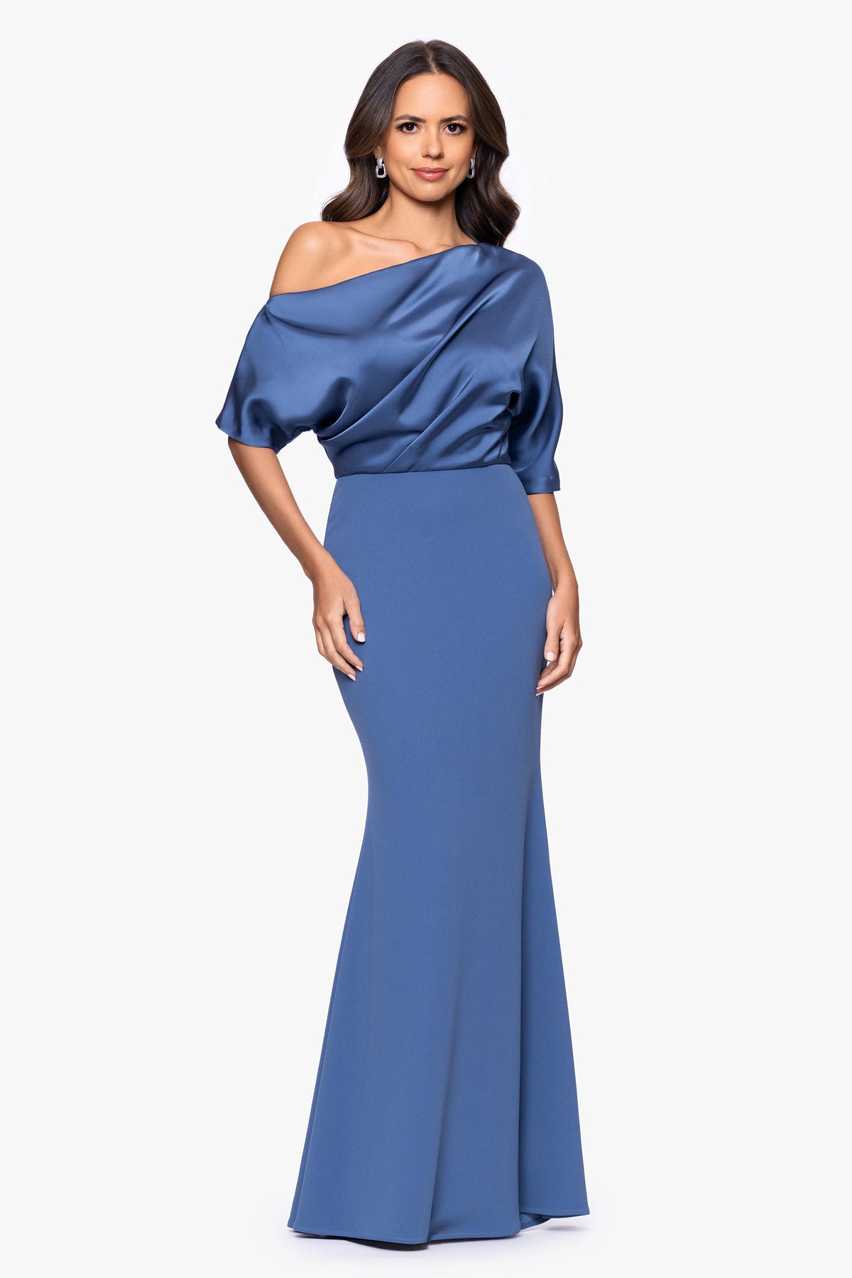 Betsy & Adam "Ana" Scuba Crepe & Satin Drop Shoulder Dress - Slate