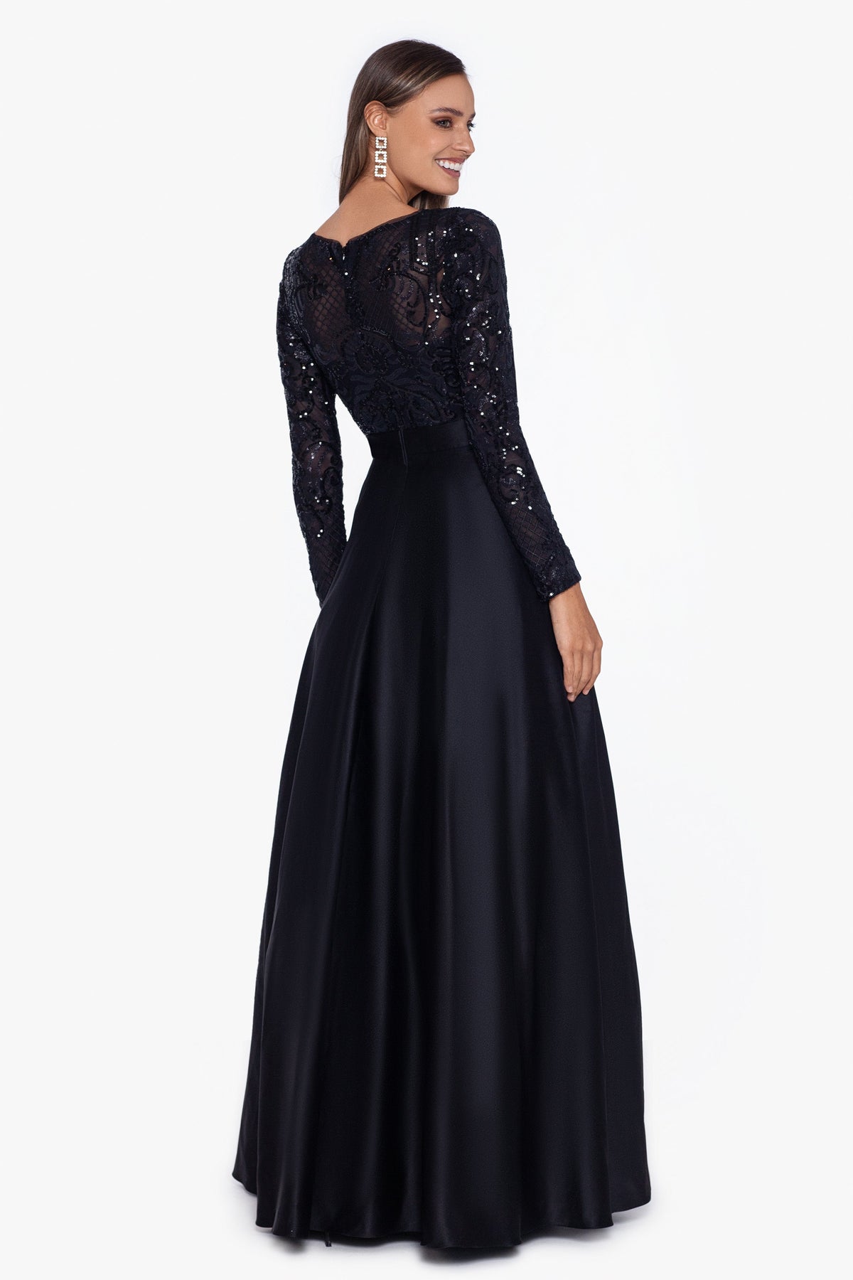 Betsy & Adam "Vanessa" Sequin Long Sleeve A-Line Ballgown - Black