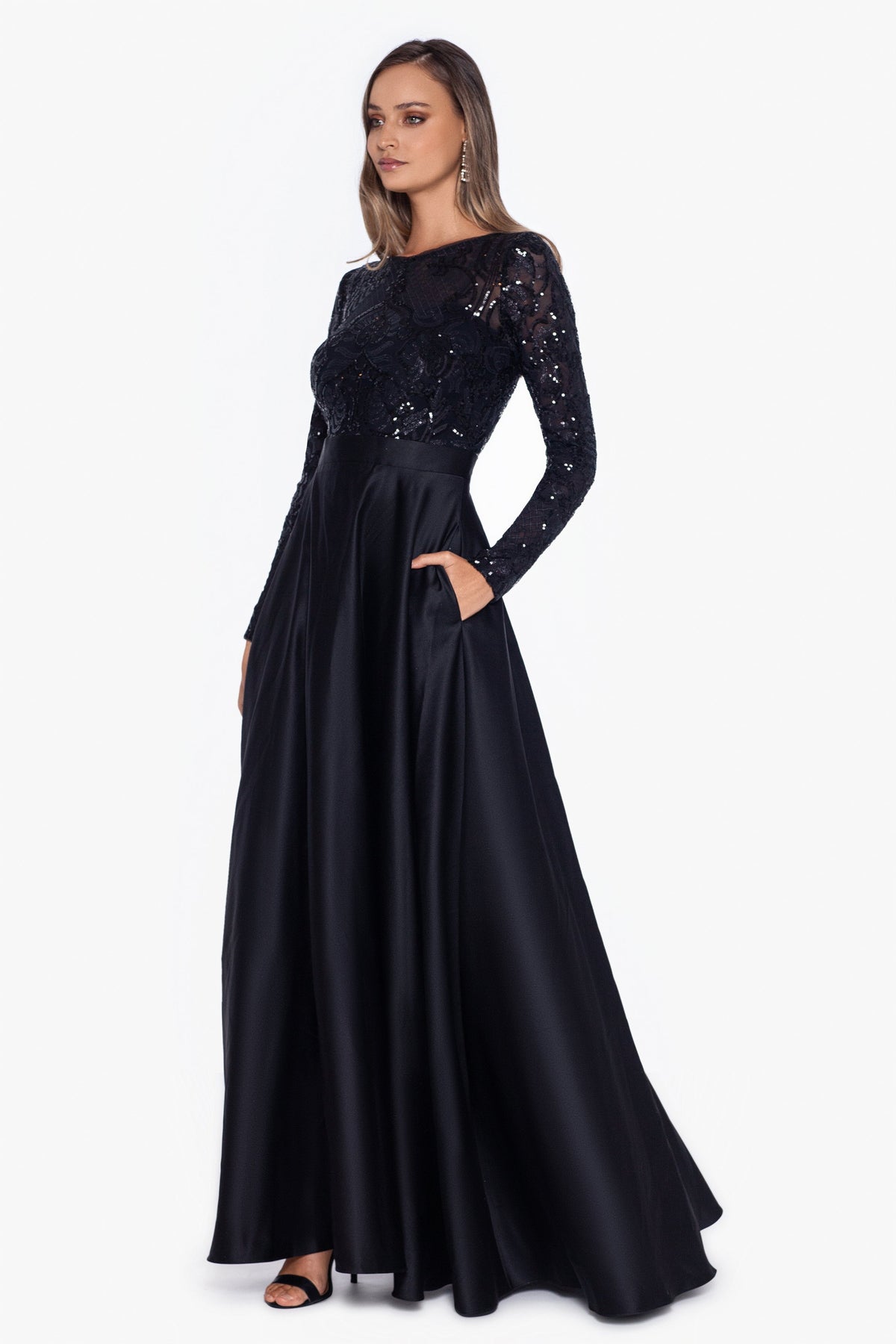 Betsy & Adam "Vanessa" Sequin Long Sleeve A-Line Ballgown - Black