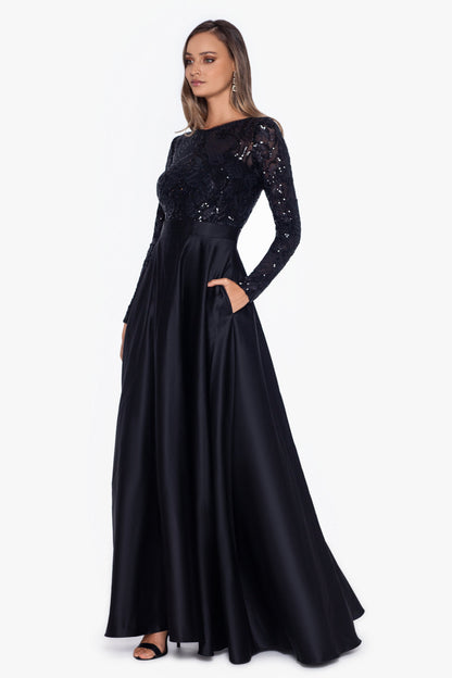 Betsy & Adam "Vanessa" Sequin Long Sleeve A-Line Ballgown - Black