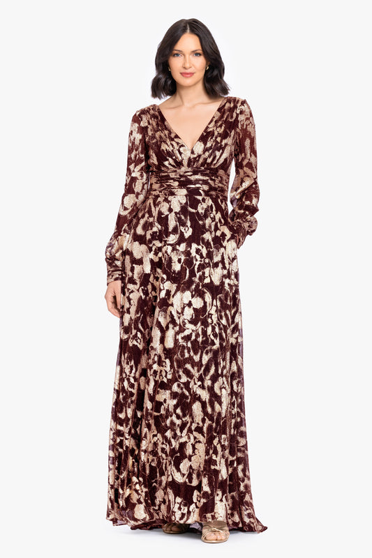 Betsy & Adam Petite "Melanie" Metallic Knit V-Neck Long Sleeve Dress - Wine/Gold