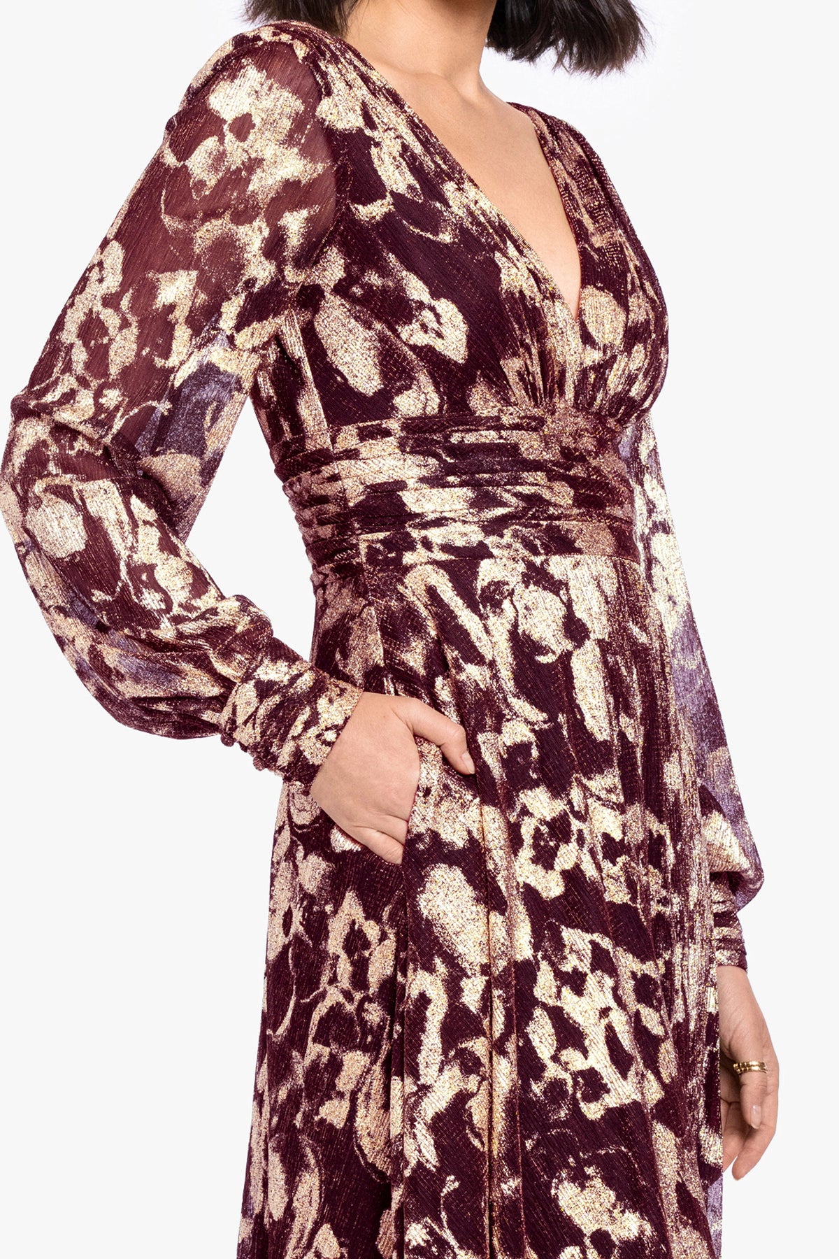 Betsy & Adam Petite "Melanie" Metallic Knit V-Neck Long Sleeve Dress - Wine/Gold