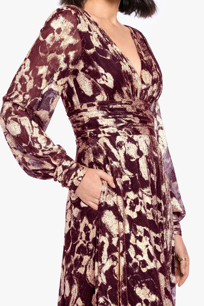 Betsy & Adam Petite "Melanie" Metallic Knit V-Neck Long Sleeve Dress - Wine/Gold
