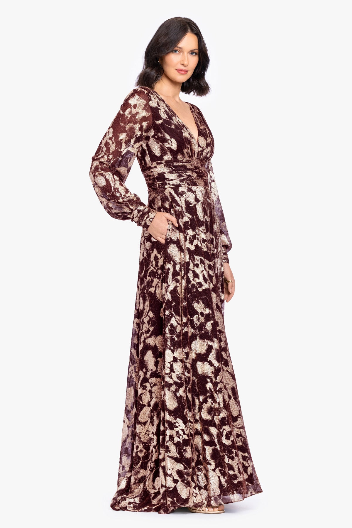 Betsy & Adam Petite "Melanie" Metallic Knit V-Neck Long Sleeve Dress - Wine/Gold