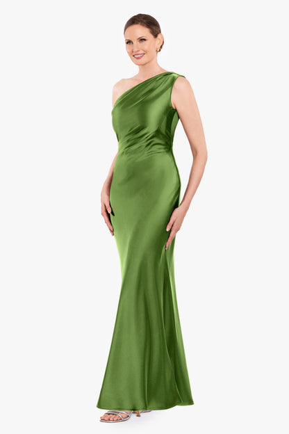 Betsy & Adam Petite "Magnolia" Satin One Shoulder Dress - Moss