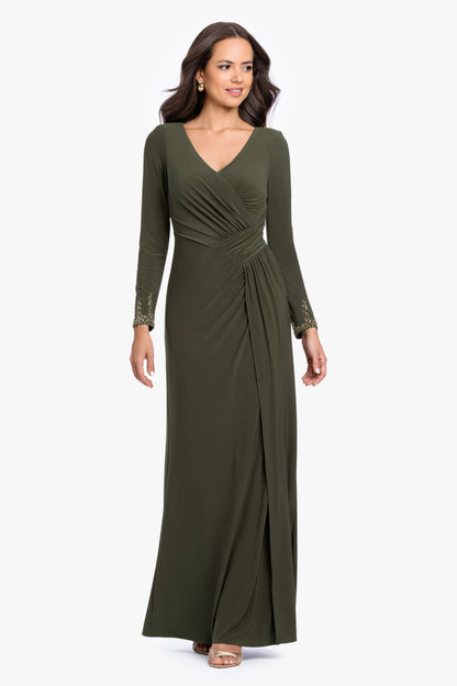 Betsy & Adam "Taryn" Jersey Knit V-Neck Beaded Long Sleeve Dress - Olive