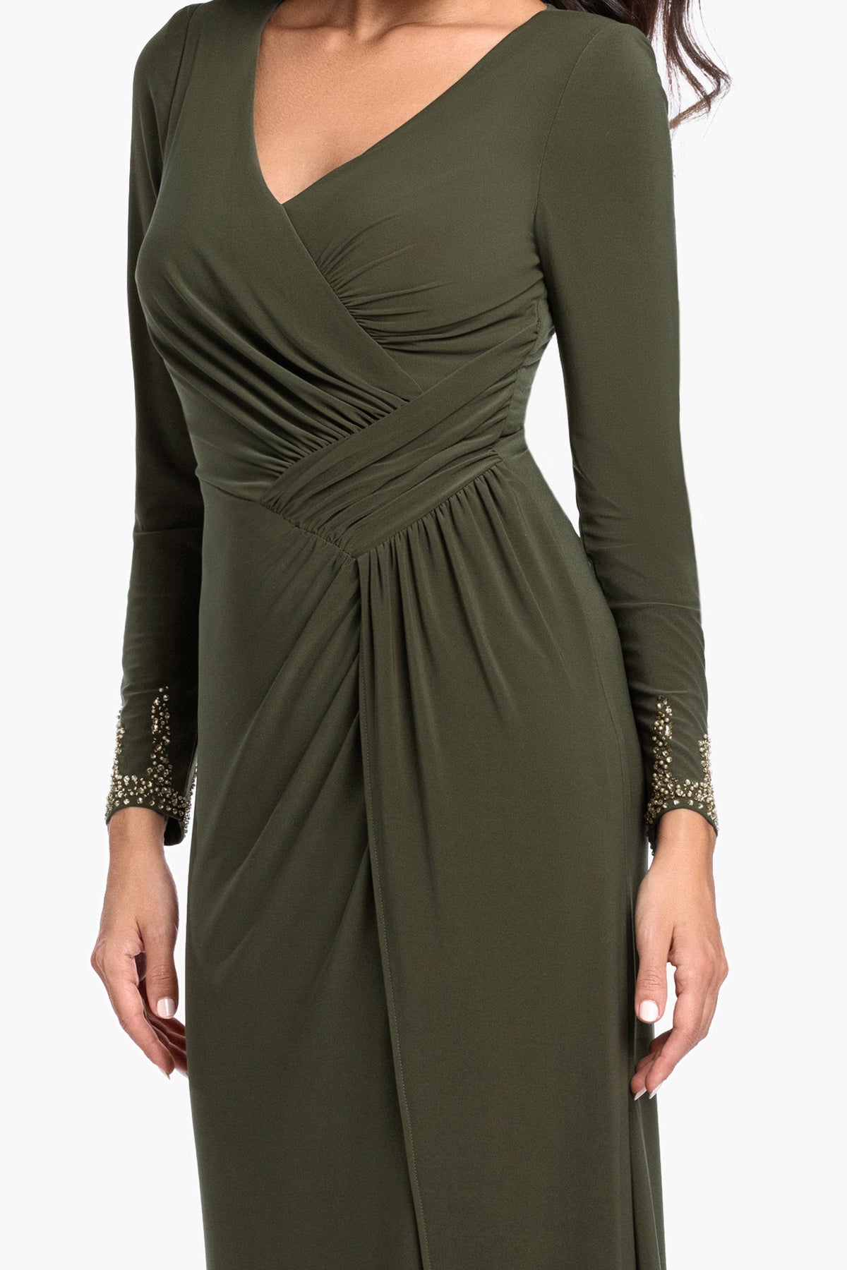 Betsy & Adam "Taryn" Jersey Knit V-Neck Beaded Long Sleeve Dress - Olive