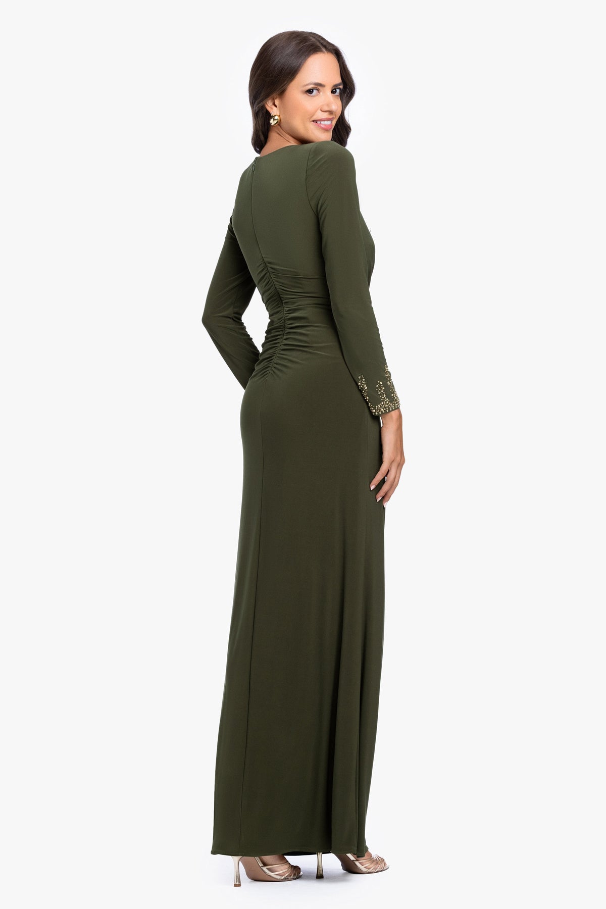 Betsy & Adam "Taryn" Jersey Knit V-Neck Beaded Long Sleeve Dress - Olive