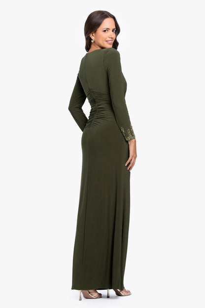 Betsy & Adam "Taryn" Jersey Knit V-Neck Beaded Long Sleeve Dress - Olive