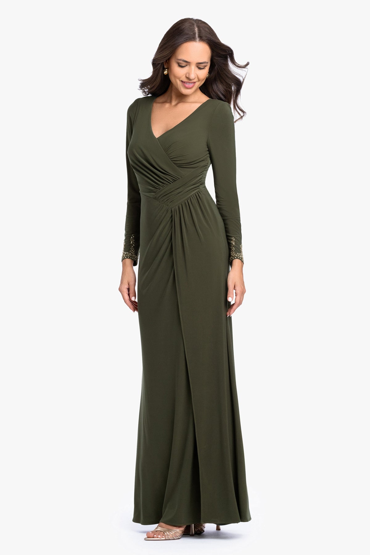 Betsy & Adam "Taryn" Jersey Knit V-Neck Beaded Long Sleeve Dress - Olive