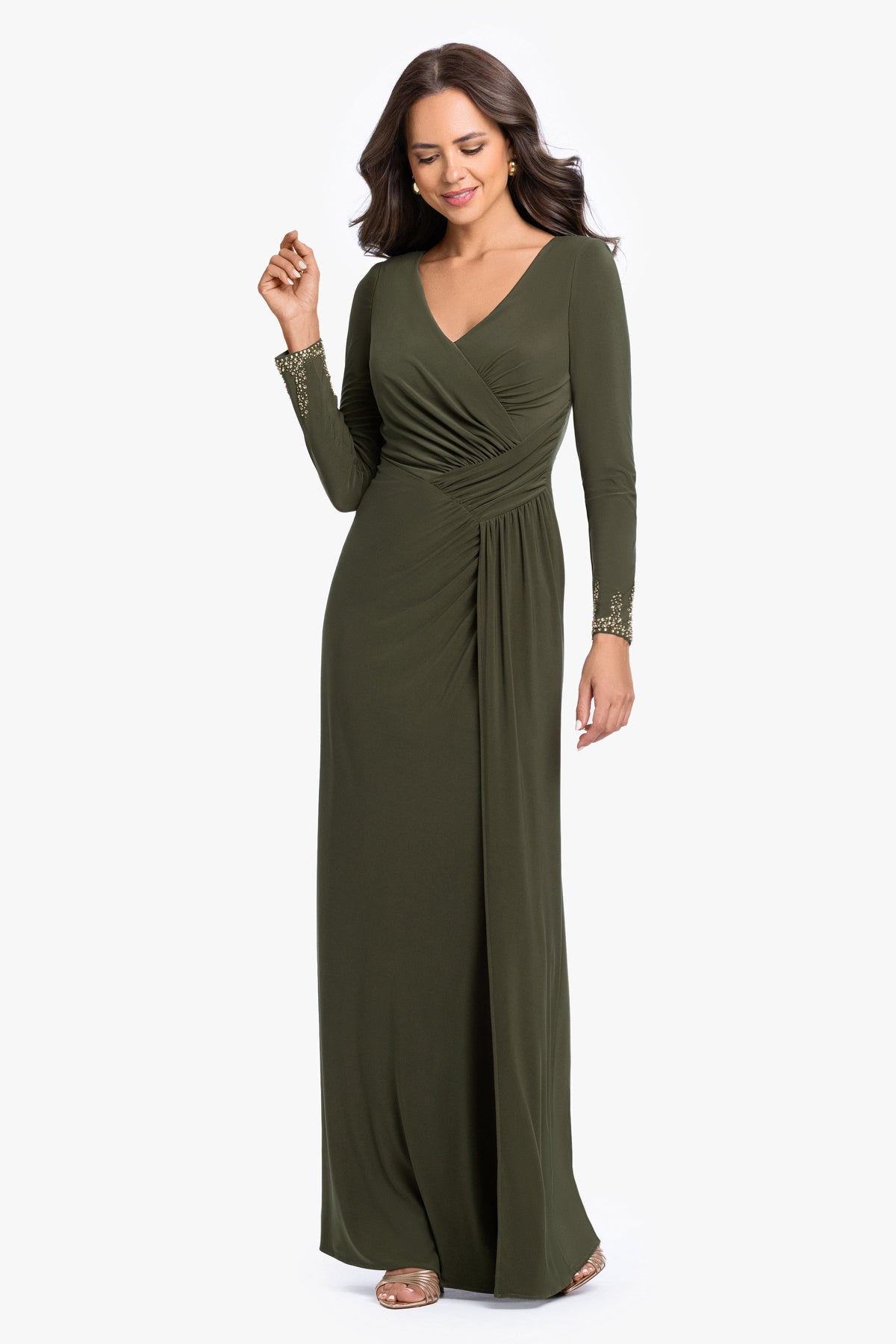 Betsy & Adam "Taryn" Jersey Knit V-Neck Beaded Long Sleeve Dress - Olive