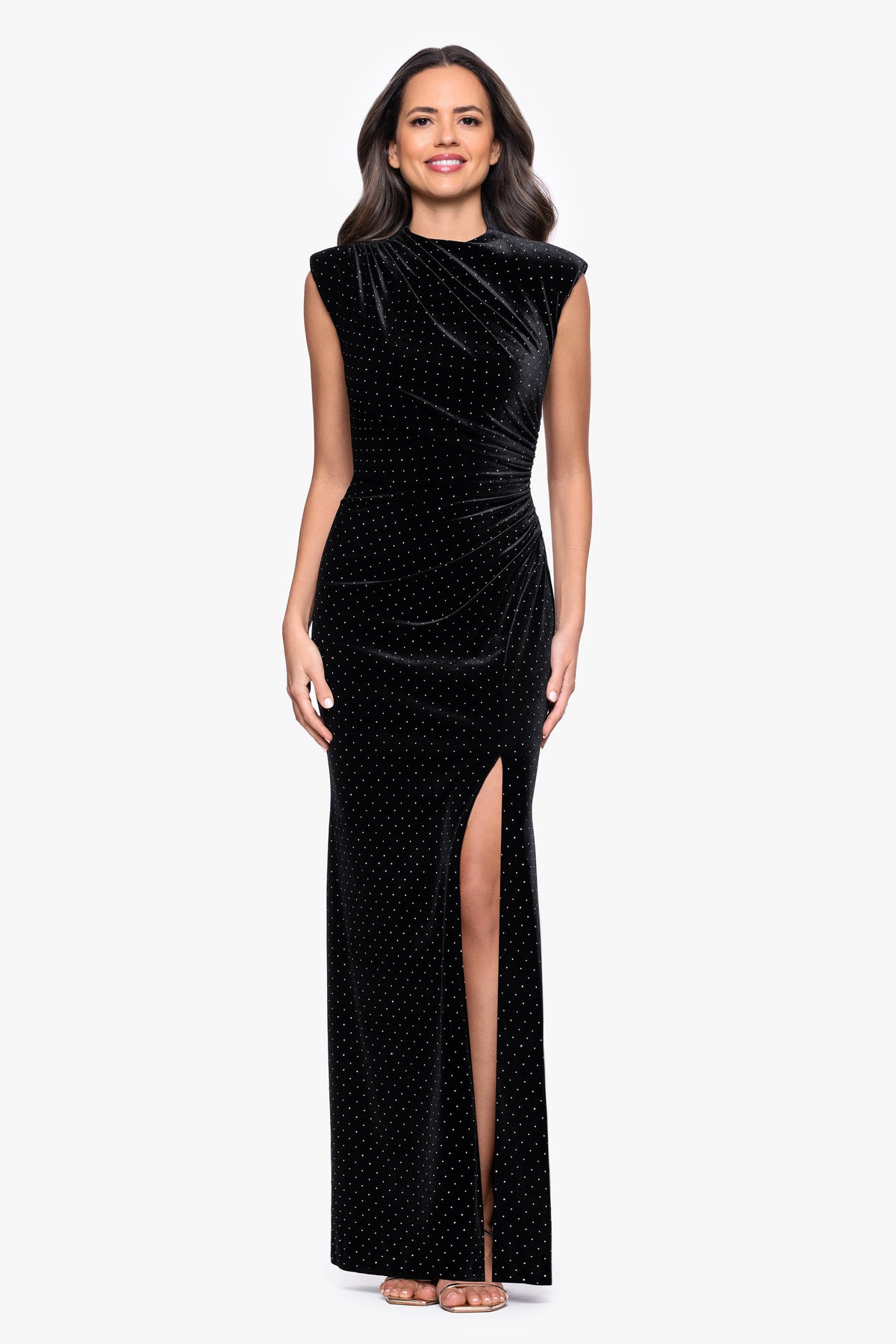 Betsy & Adam "Andrea" Studded Velvet Slit Dress - Black/Silver