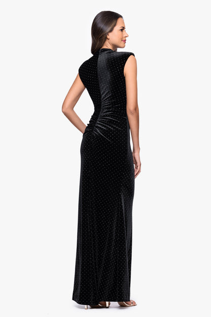Betsy & Adam "Andrea" Studded Velvet Slit Dress - Black/Silver
