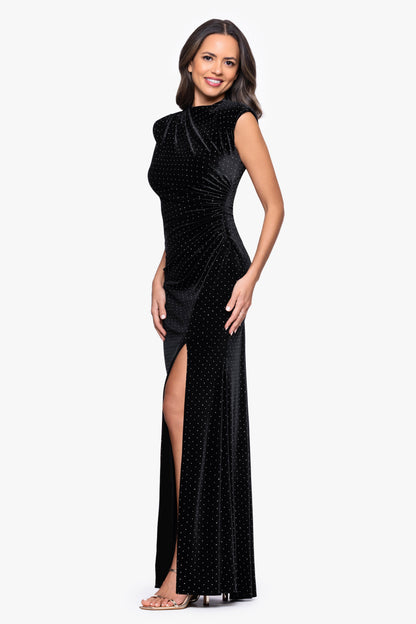 Betsy & Adam "Andrea" Studded Velvet Slit Dress - Black/Silver