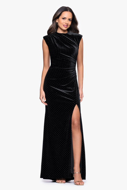 Betsy & Adam "Andrea" Studded Velvet Slit Dress - Black/Silver