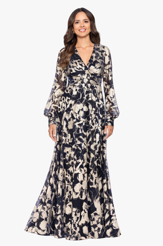 Betsy & Adam Petite "Meadow" Metallic Long Sleeve V-Neck Dress - Navy/Gold