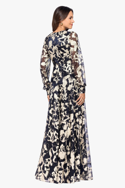 Betsy & Adam Petite "Meadow" Metallic Long Sleeve V-Neck Dress - Navy/Gold