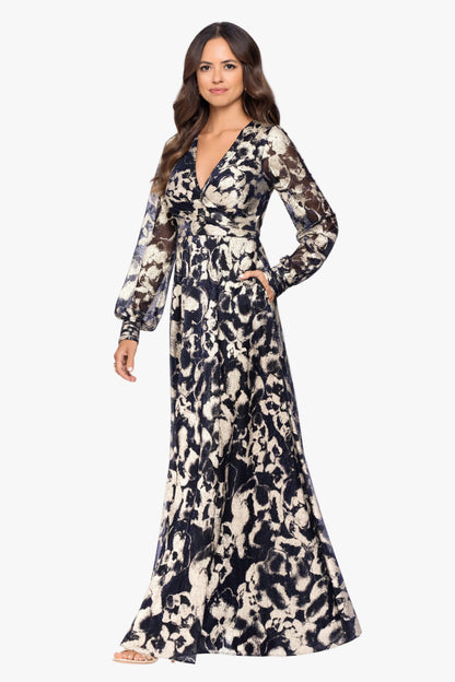 Betsy & Adam Petite "Meadow" Metallic Long Sleeve V-Neck Dress - Navy/Gold