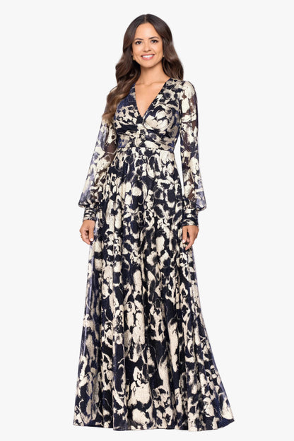 Betsy & Adam Petite "Meadow" Metallic Long Sleeve V-Neck Dress - Navy/Gold