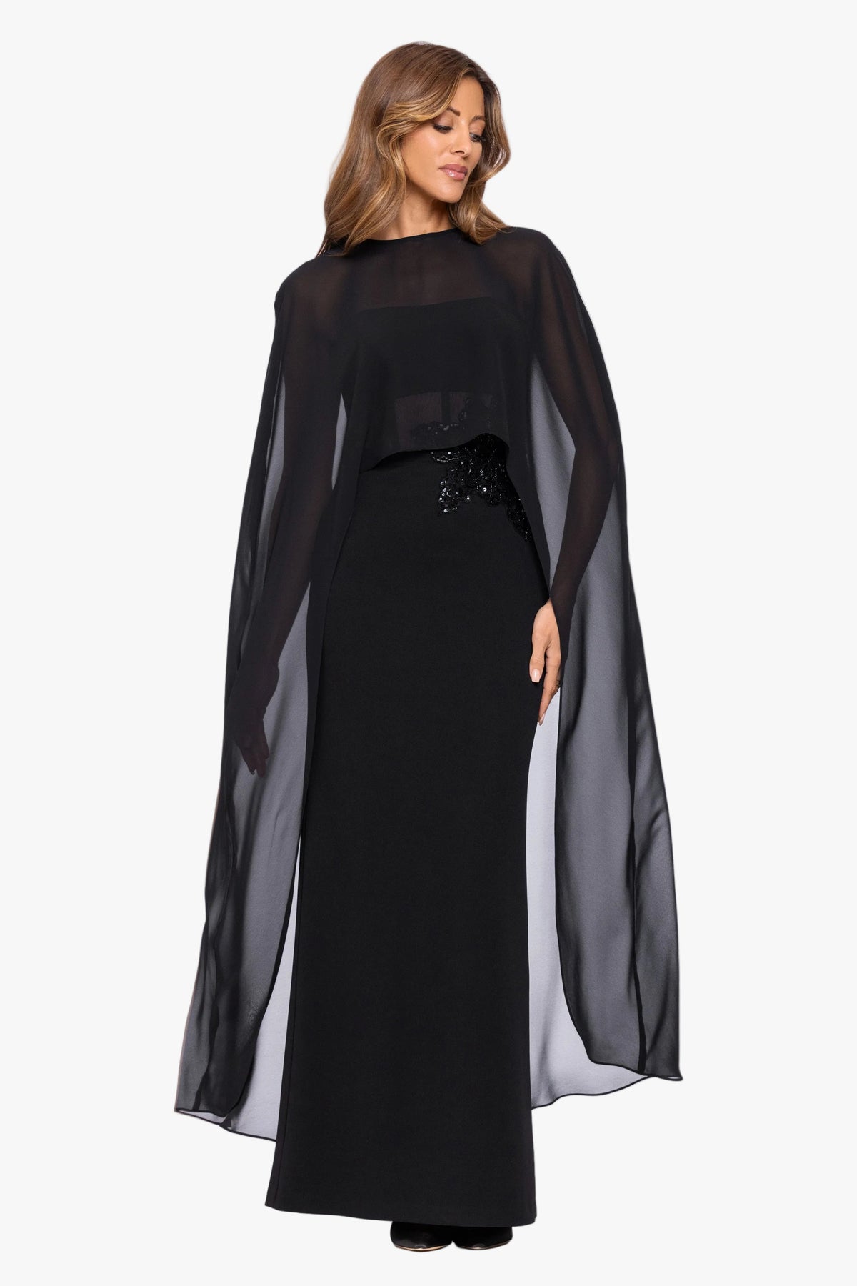 Betsy & Adam "Lee" Souffle Chiffon Long Cape - Black