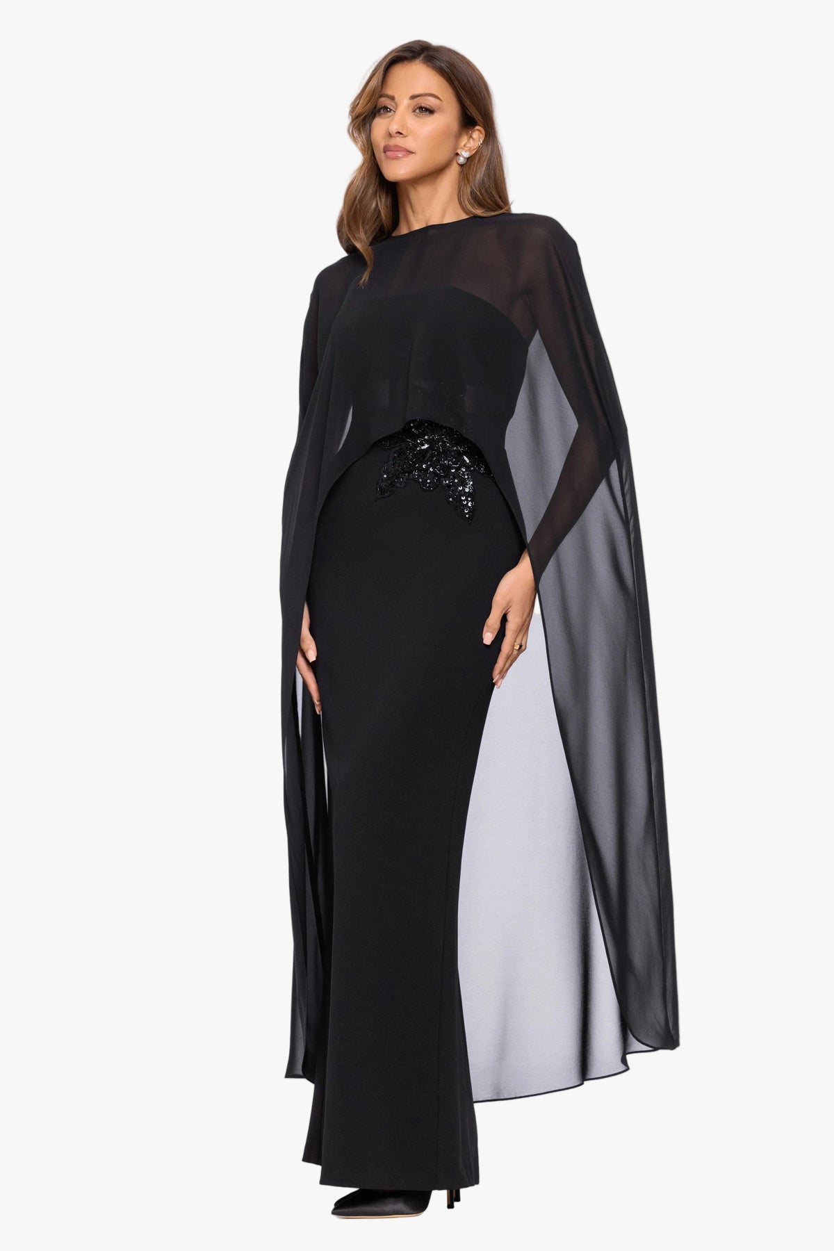 Betsy & Adam "Lee" Souffle Chiffon Long Cape - Black