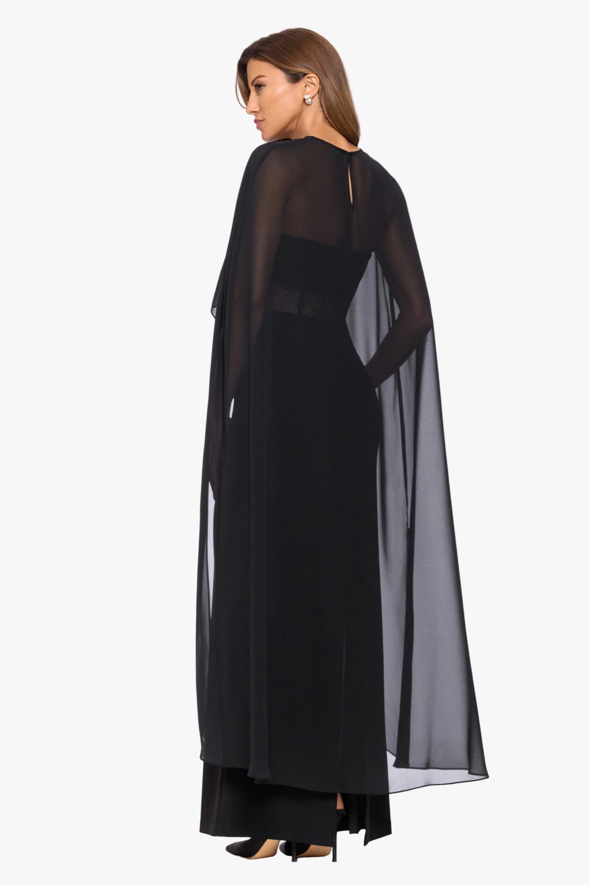 Betsy & Adam "Lee" Souffle Chiffon Long Cape - Black