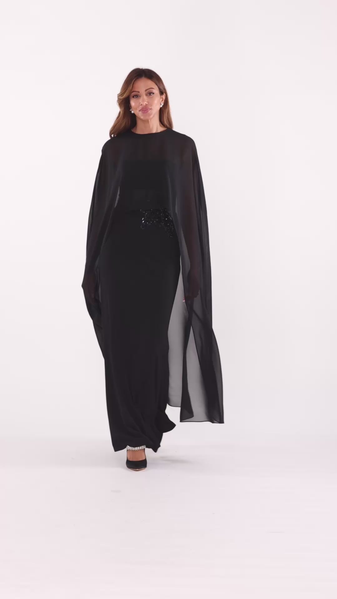 Betsy & Adam "Lee" Souffle Chiffon Long Cape - Black