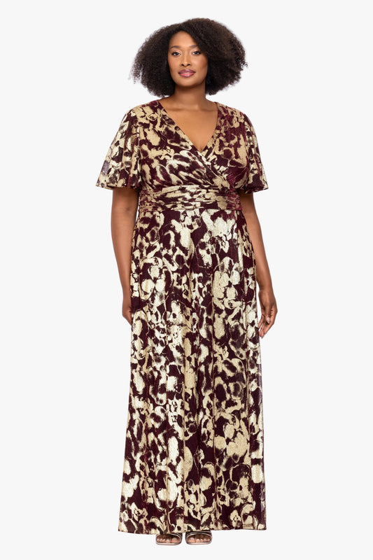 Betsy & Adam Plus "Polly" Metallic Short Sleeve Dress - Wine/Gold