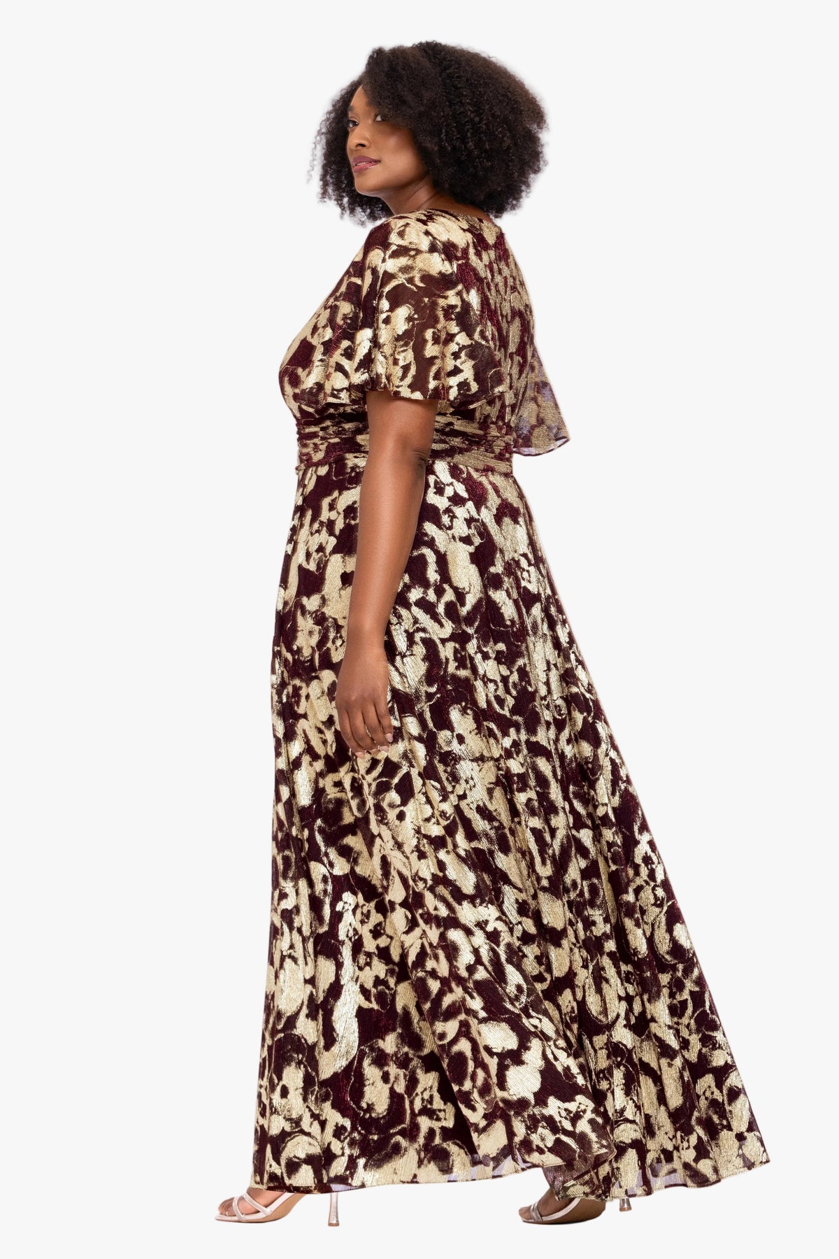 Betsy & Adam Plus "Polly" Metallic Short Sleeve Dress - Wine/Gold