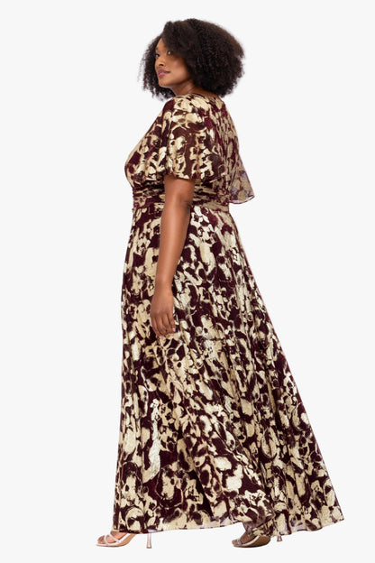 Betsy & Adam Plus "Polly" Metallic Short Sleeve Dress - Wine/Gold