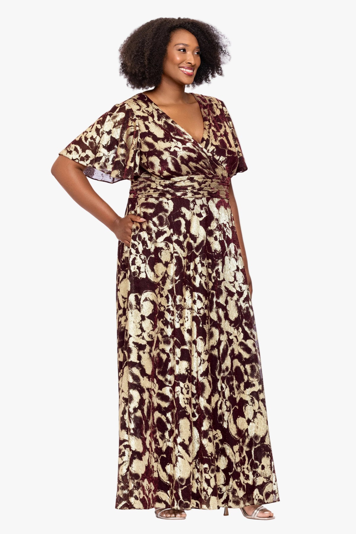 Betsy & Adam Plus "Polly" Metallic Short Sleeve Dress - Wine/Gold