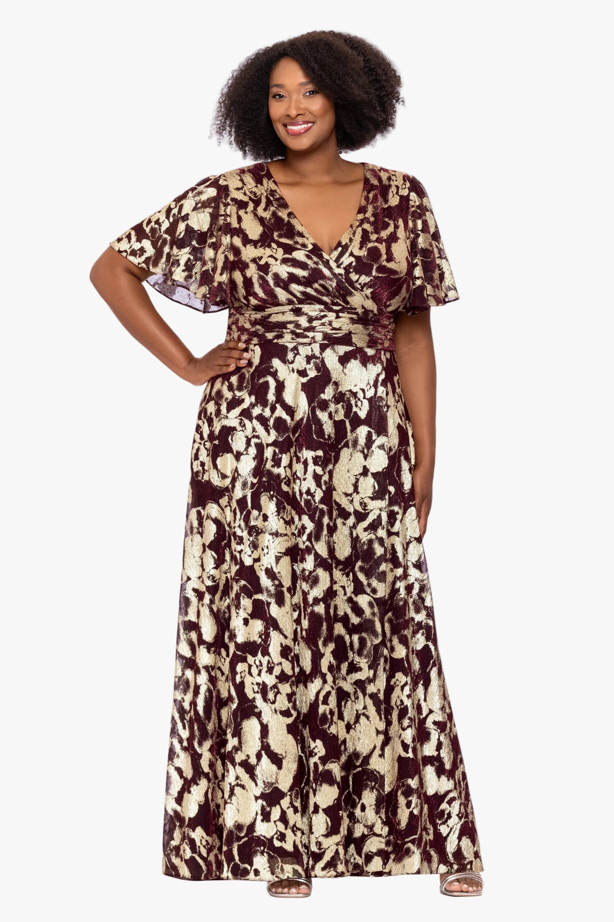 Betsy & Adam Plus "Polly" Metallic Short Sleeve Dress - Wine/Gold