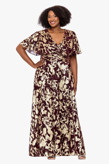 Betsy & Adam Plus "Polly" Metallic Short Sleeve Dress - Wine/Gold