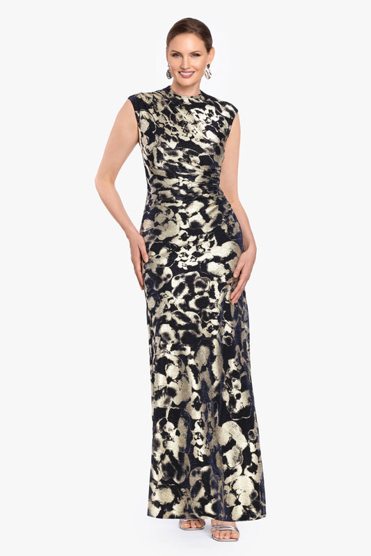 Betsy & Adam Petite "Cory" Metallic Print Ruched Dress - Navy/Gold