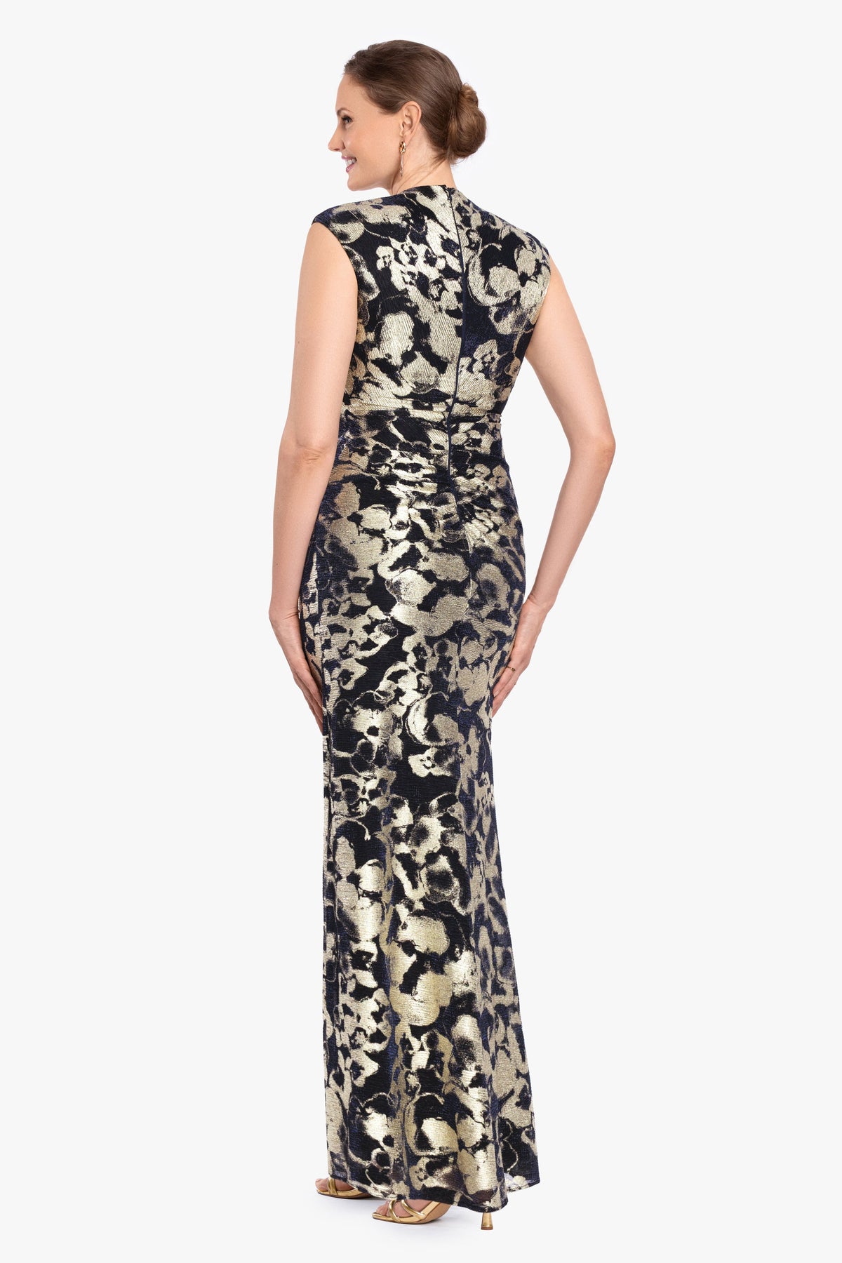 Betsy & Adam Petite "Cory" Metallic Print Ruched Dress - Navy/Gold