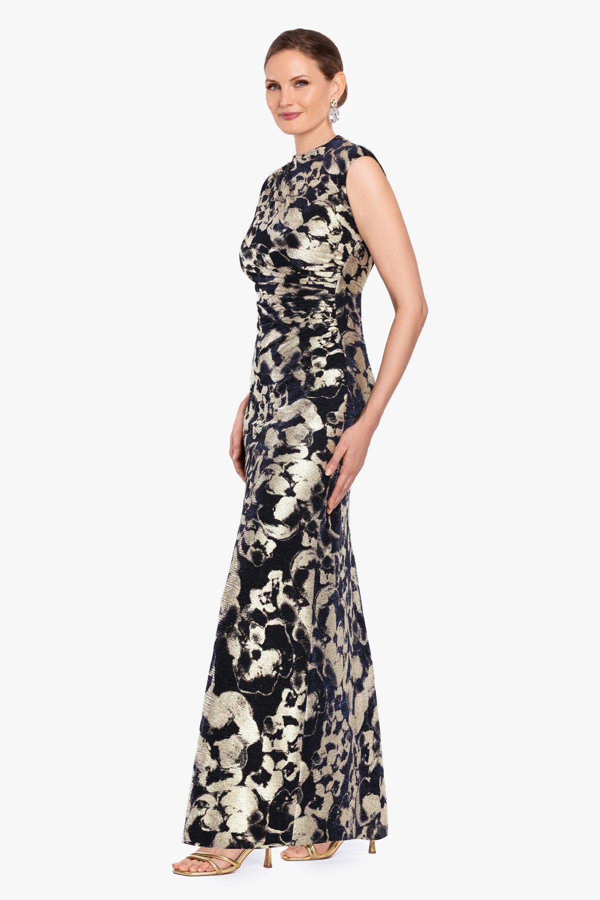 Betsy & Adam Petite "Cory" Metallic Print Ruched Dress - Navy/Gold