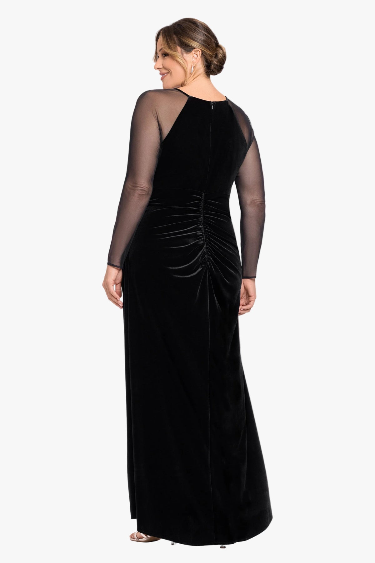 Betsy & Adam Plus "Paris" Velvet & Mesh Long Sleeve Dress - Black