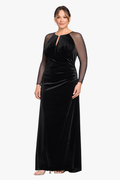 Betsy & Adam Plus "Paris" Velvet & Mesh Long Sleeve Dress - Black