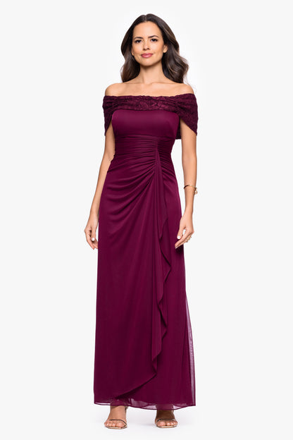 Betsy & Adam "Shailene" Sheer Matte Jersey & Glitter Lace Off The Shoulder Top Dress - Wine