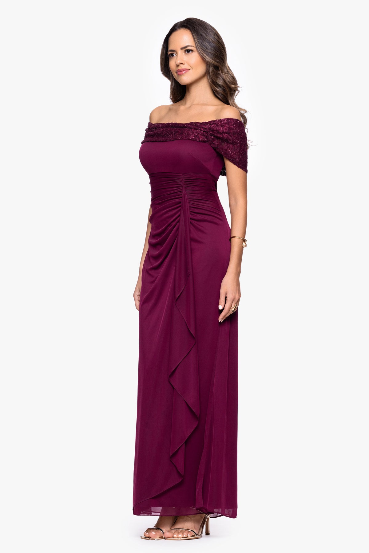 Betsy & Adam "Shailene" Sheer Matte Jersey & Glitter Lace Off The Shoulder Top Dress - Wine